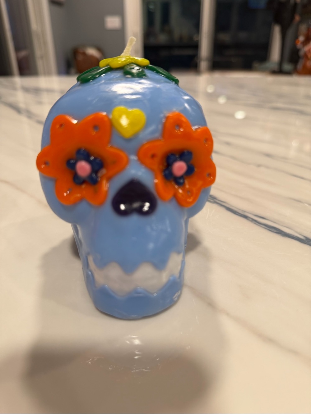 Day of the Dead Sugar Skull Candle - Vibrant Blue Calavera Halloween